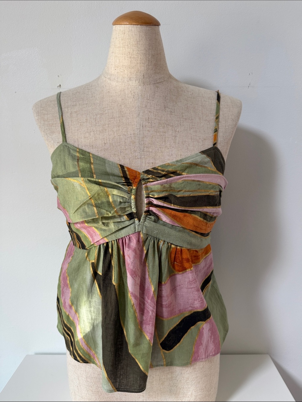 NWT!!!  Abstract Green & Pink Spaghetti-Strap Camisole with Front Keyhole